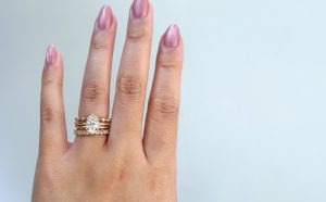 closeup of ring stack on hand